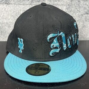 New York Mets Hat Cap Fitted Mens 7 1/2 Black Blue MLB Baseball New Era